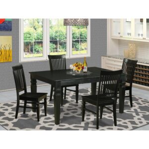 Coordinating Black finish hardwood dining room set with basic beveled table edge on trim. Classic rectangle-shaped dining table with 4 legs. Recessed details on dinette table and dinette chair legs for additional support and elegance. Beveled Chiseling on legs of harmonizing table and chairs. Traditionally curved high back dining room chair set with four legs