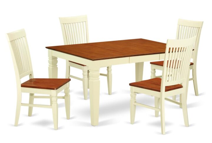 Coordinating Buttermilk and Cherry Color wood dining room set with nice beveled table edge on trim. Regular rectangle-shaped dining table having four legs. Recessed details on dining tables and dining room chair legs for added support and attractiveness. Beveled carving on legs of harmonizing table and chairs. Characteristically curved high back kitchen dining chair set with four legs
