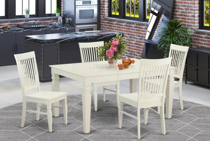 Coordinating Linen White Color wood dining room set with nice beveled table edge on trim. Regular rectangle-shaped dining table having four legs. Recessed details on dining tables and dining room chair legs for added support and attractiveness. Beveled carving on legs of harmonizing table and chairs. Characteristically curved high back kitchen dining chair set with four legs