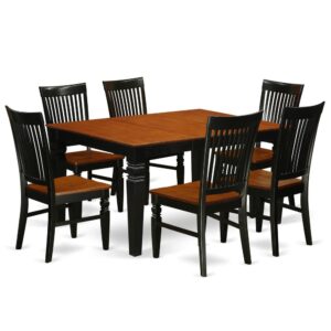 Coordinating Black and Cherry finish hardwood small dining table set having nice beveled edge on trim. Traditional rectangular dining room table with four legs. Recessed details on dining tables and kitchen dining chair legs for extra support and sophistication. Beveled carving on legs of harmonizing table and chairs. Typically curved high back dining room chair set with four legs