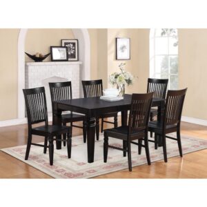 Coordinating Black finish hardwood small dining table set having nice beveled edge on trim. Traditional rectangular dining room table with four legs. Recessed details on dining tables and kitchen dining chair legs for extra support and sophistication. Beveled carving on legs of harmonizing table and chairs. Typically curved high back dining room chair set with four legs