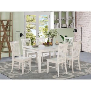 Coordinating Linen White Color wood dining room table set having simple beveled table edge on trim. Standard rectangle-shaped dining table with 4 legs. Recessed details on dining room tableand kitchen dining chair legs for additional support and stylishness. Beveled Chiseling on legs of matching table and chairs. Traditionally curved high back dining chair set with four legs