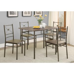 it's perfect for an eat-in kitchen or breakfast nook. Its beautiful dark bronze finish is enhanced by an eye-catching crisscross design and artistic circular accents. A vinyl-topped table and seats allow for easy cleaning