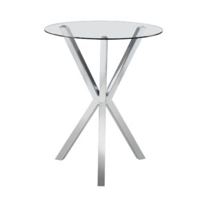 This contemporary bar table adds a touch of simple sophistication to a kitchen or breakfast nook. It features a bold X-shaped base in a shining chrome finish