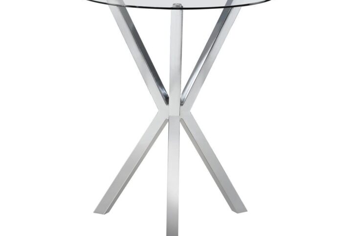 This contemporary bar table adds a touch of simple sophistication to a kitchen or breakfast nook. It features a bold X-shaped base in a shining chrome finish