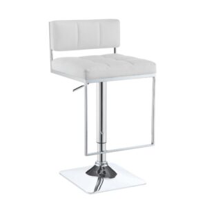 Refresh a modern space with a dynamic accent. A slender silhouette makes this bar stool perfect for a redesigned contemporary kitchen or dining space. Sleek white upholstery with channeling covers linear designed cushions. Chrome finish metal forms a base and cool U-shaped footrest. Adjustable seat heights conform to a coordinating pub table or counter.