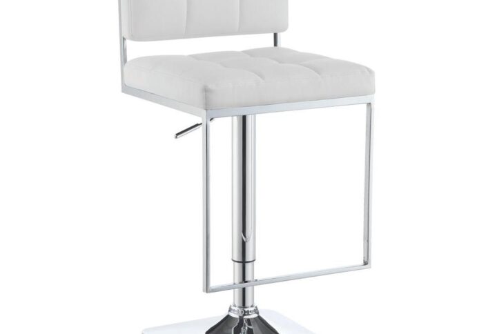 Refresh a modern space with a dynamic accent. A slender silhouette makes this bar stool perfect for a redesigned contemporary kitchen or dining space. Sleek white upholstery with channeling covers linear designed cushions. Chrome finish metal forms a base and cool U-shaped footrest. Adjustable seat heights conform to a coordinating pub table or counter.