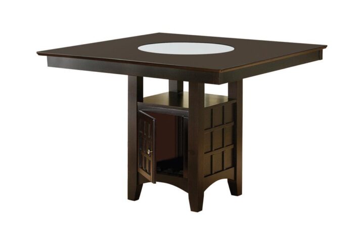 A counter-height table complete with storage in its base.