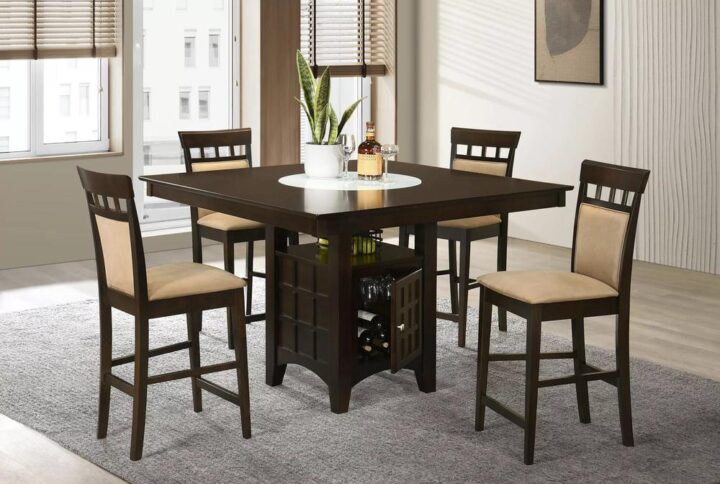 Appreciate the texture and dimension created with gris lattice details in a charming five-piece transitional counter height dining set. A rich cappuccino finish pairs with soft tan upholstery to create a neutral palette