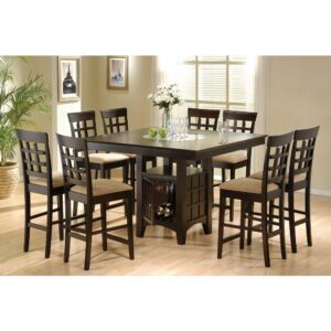 This seven-piece counter height table set comes complete with a spacious square table and six windowpane style chairs in a deep cappuccino finish. The table features a storage pedestal base that holds wine glasses as well as bottles
