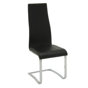 This dining side chair has a striking silhouette that's at once relaxed and contemporary. Seat back is ergonomically contoured to fit your back for comfortable sitting or discussing current events over coffee. Legs are finished in chrome. Chair is beautifully upholstered in black leatherette that lends simplistic authority. No back legs or armrests give it a modern feel.