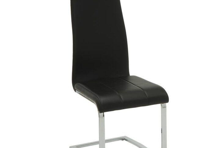 This dining side chair has a striking silhouette that's at once relaxed and contemporary. Seat back is ergonomically contoured to fit your back for comfortable sitting or discussing current events over coffee. Legs are finished in chrome. Chair is beautifully upholstered in black leatherette that lends simplistic authority. No back legs or armrests give it a modern feel.