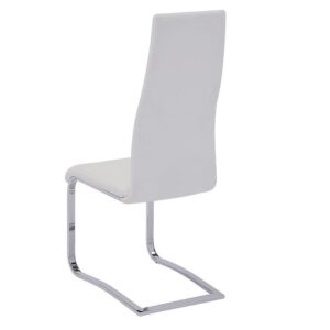 This dining side chair has a striking silhouette that's at once relaxed and contemporary. Seat back is ergonomically contoured to fit your back for comfortable sitting or discussing current events over coffee. Legs are finished in chrome. Chair is beautifully upholstered in black leatherette that lends simplistic authority. No back legs or armrests give it a modern feel.