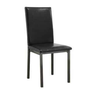 Elegant simplicity. The understated silhouette of this side chair adds a welcome accent to a transitional living area. Minimalist styling borrows from a mid-century theme. Upholstered in black leatherette