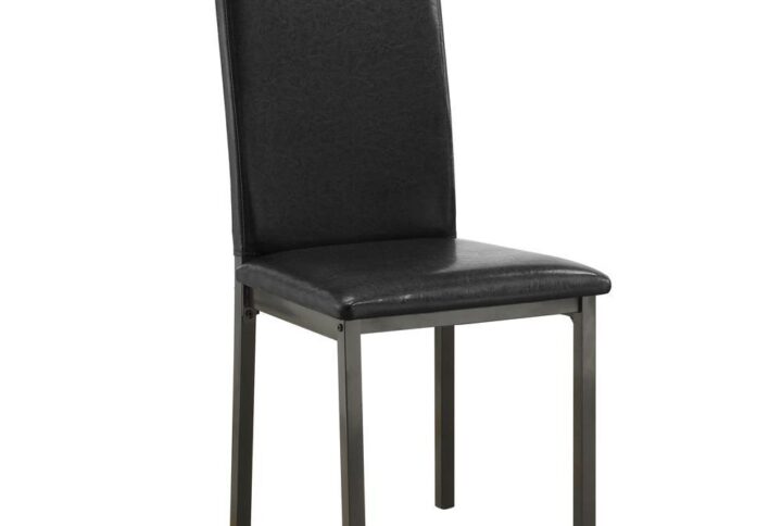 Elegant simplicity. The understated silhouette of this side chair adds a welcome accent to a transitional living area. Minimalist styling borrows from a mid-century theme. Upholstered in black leatherette