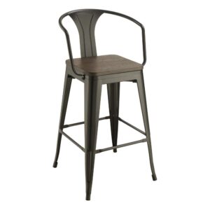its metal build reflects utilitarian design that has become a beloved theme. A matte black metal frame provides an ideal venue for a dark elm wood finish seat. Assemble a fun pub grouping in a stylish casual space.
