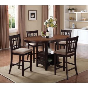 Create visual interest in a small space with this five-piece dining set. Light chestnut and espresso hues on the counter height table creates a warm two-tone effect. Welcome more family and friends with the built-in leaf. Store dinnerware in the built-in storage unit on the base of the counter height table to accommodate guests easily. The smooth legs of the table and four stools invite an open feel into a modern entertainment room.