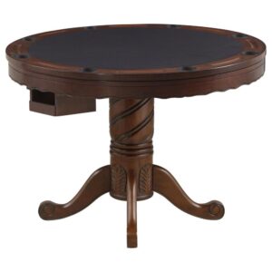 its top can be flipped around to reveal a beautiful card table covered with rich