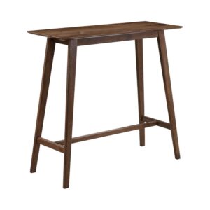 What do you get when you combine contemporary design with timeless practicality? This gorgeous rectangular mid-century modern bar table. It's constructed with solid hardwood and walnut veneer for durability to go with its stylishness. The spacious rectangle table top is roomy enough for an intimate gathering of four to six. Pair with matching backless bar stools (available separately) for a look that goes well in a home bar or rec room.