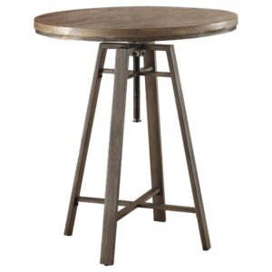 Industrial styling makes this wood bar table an eye-catching addition. Perfect for an eat-in kitchen or a home lounge space