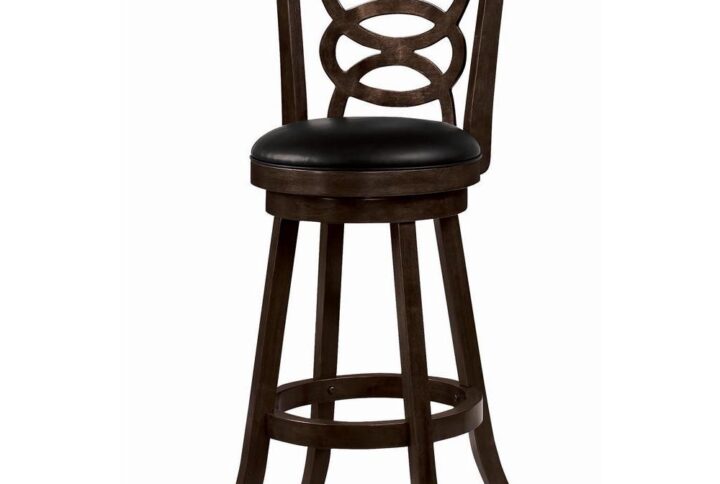 This stylish bar stool adds a touch of casual sophistication to your home bar. The angled legs and round brace offer sturdy support while you catch up on the news. The merlot wood finish is warm and inviting as you settle in for the evening with a glass of wine. The padded seat is upholstered in black leatherette and swivels so you're ready for conversation at any turn. To top it off