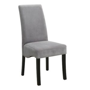 this wood and fabric side chair has a cheerfully padded seat and backrest. The flared back cuts a dashing silhouette that's also good for relaxing. Featuring grey fabric upholstery and leg finish in black