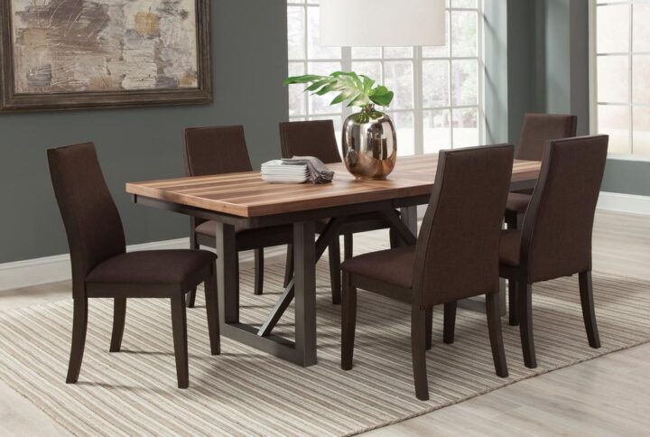 Clean lines and a minimal charm make this five-piece dining set the perfect addition to a transitional style dining space. Included in the set is one spacious