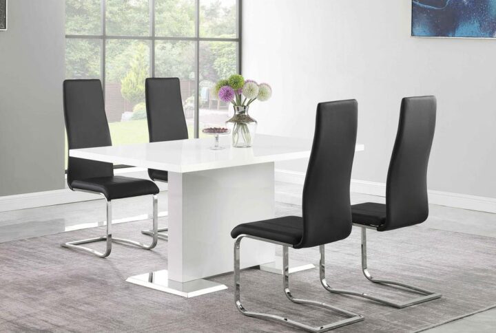 The Anges Collection presents this contemporary dining table. Rectangular table top and supporting column are finished in trendy white for an airy brightness. Unique chrome finish base at foot of table adds shine to breakfast or lunch. Add great comfort and style with iconic breuer style chairs (sold separately) to top off the set. Chairs come in black or white leatherette to customize your dining room ambiance.