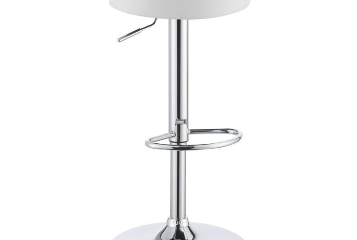 A fun personality with whimsical charm. Lighten the attitude in any space with this pole bar stool. Modern settings create the perfect venue for this beautiful stool that combines a round seat with a chrome finish pole and base. An open ring footrest and adjustable height options allow positioning to fit your table or counter. Sleek white upholstery steals the show.
