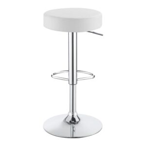 A fun personality with whimsical charm. Lighten the attitude in any space with this pole bar stool. Modern settings create the perfect venue for this beautiful stool that combines a round seat with a chrome finish pole and base. An open ring footrest and adjustable height options allow positioning to fit your table or counter. Sleek white upholstery steals the show.