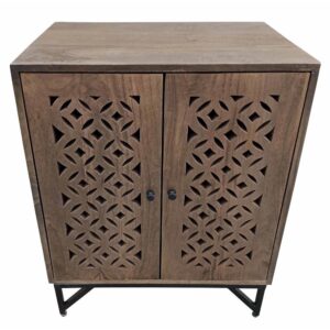 Decorative cutout designs on front doors embellish the artisan motif of this transitional accent cabinet. Versatile style and a spacious interior sets up a perfect well-rounded venue for your space