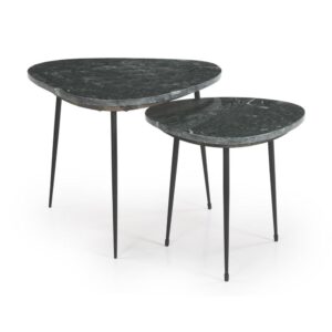 A set of nesting tables lends luxe versatility with the natural elegance of green marble. Each table boasts a rounded triangular shape that adds dimension in your living room or den and easily fits in a corner nook elsewhere in your home. The tables can be used together to create a modern
