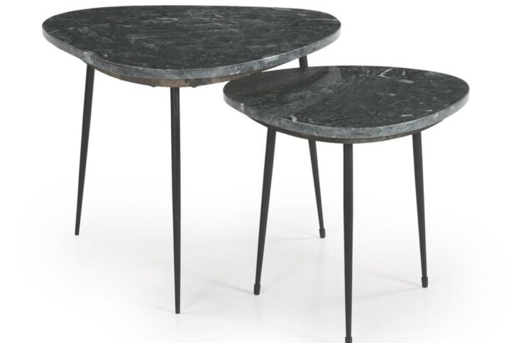 A set of nesting tables lends luxe versatility with the natural elegance of green marble. Each table boasts a rounded triangular shape that adds dimension in your living room or den and easily fits in a corner nook elsewhere in your home. The tables can be used together to create a modern