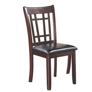 functional dining chair is part of the transitional Lavon Collection. Back rest features wood styling in rectangular design. Slightly flared back legs and back rest and with straight front legs enhance a silhouette that's half pragmatic
