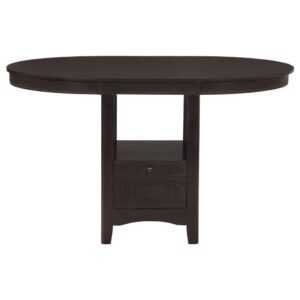 From the Lavon Collection is this modern counter height table. Table top extends 18" when the leaf is folded up for an intimate gathering of close friends. Closed storage unit on based makes impromptu gatherings a breeze to entertain. Top shelf on base holds cups or glasses for whatever the occasion. Matching espresso finish counter height chairs upholstered in black leatherette are sold separately.