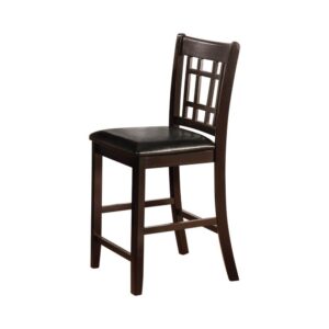 Counter height chair from the Lavon Collection is ideally suited for counter height table in the same collection. Or sidle up to the home bar for beer and conversation. Seat back features wood slats in rectangular pattern. Espresso finished leg has convenient footrest. Seat comfortably upholstered in black leatherette.
