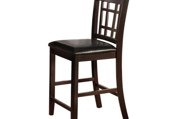 Counter height chair from the Lavon Collection is ideally suited for counter height table in the same collection. Or sidle up to the home bar for beer and conversation. Seat back features wood slats in rectangular pattern. Espresso finished leg has convenient footrest. Seat comfortably upholstered in black leatherette.