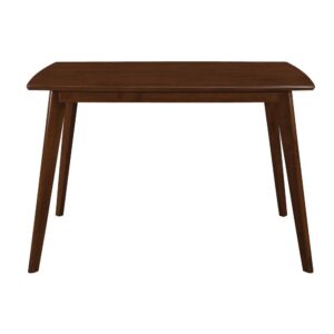 this solid wood dining table imparts a retro feel. Rectangular top and angled legs give it a resolute profile. Finished in chestnut that goes well by a sunlit window overlooking a garden. Crafted for functionality yet appreciated for its adaptability to your one-of-a-kind home decor. Choice of two chair styles to customize the look.