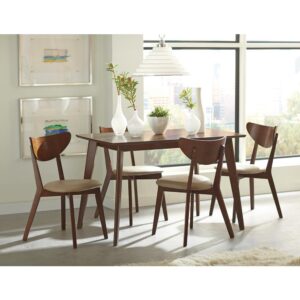 It’s easy to enjoy mid-century modern style in small spaces with this five-piece dining table set. A sleek and simplistic dining table is constructed with a rectangular tabletop and tapered legs