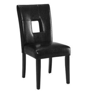 Make a bold statement in your dining area with this chair from the Anisa collection. Upholstered in gloss black leatherette. Legs are finished in dark cappuccino. The cushioned seat back features an open square right in the center. Although meant to be casual