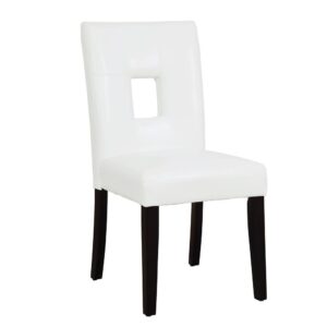 Transform your dining area when you add this dining chair from the Anisa collection. The dark cappuccino finished legs offer an eye-popping contrast to the white leatherette upholstery. Slightly angled back legs and flared back evoke a nonchalant demeanor. The open square in the middle of the cushioned seat back is a distinctive touch. Be careful - guests may take your seat when you're in the kitchen getting seconds.