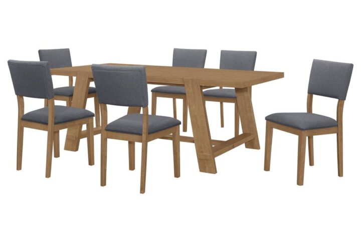 Bring modern farmhouse style to your dining room with this stunning dining table. The brown wire-brushed finish showcases the natural beauty of the wood