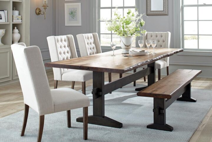 Complement your farmhouse style dining area with this rustic and traditional style dining room set. This dining set comes with a rectangular table with a trestle style base