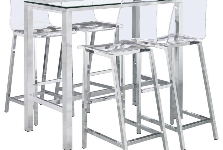 Shift to a futuristic design motif as you entertain in style. An unconventional mix of materials form elegance with simplicity in a five-piece bar set perfect for hosting your happy hours and casual lunches. A rectangular table features a clear glass top over linear metal framing