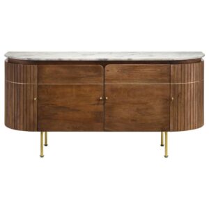 this contemporary server is a chic blend of mid-century and more updated design ideals. Ample interior storage is showcased behind four doors that create an oval silhouette