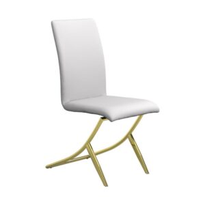 Embrace contemporary elegance in the dining room with this armless dining chair. The sleek design boasts a gracefully contoured leg frame with an upholstered seat and back. The classic glamour of a shiny brass finish on the legs complements the leatherette upholstery. Choose the color that suits your decor