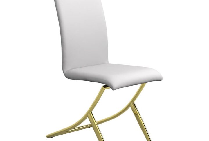 Embrace contemporary elegance in the dining room with this armless dining chair. The sleek design boasts a gracefully contoured leg frame with an upholstered seat and back. The classic glamour of a shiny brass finish on the legs complements the leatherette upholstery. Choose the color that suits your decor