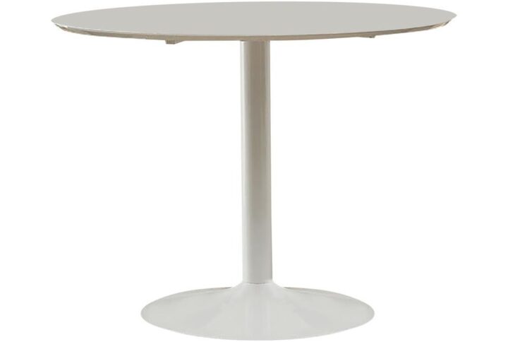 Retro styling meets contemporary ambiance in this round dining table. It features a roomy round table top that's perfect for a night of Texas Hold 'em or morning coffee and doughnuts. Table is fashioned with a delightful tulip style table base. It features a powder-coated finish over metal for an enduring appeal. Add matching comfortable chairs (available separately) for a set that goes great in a casual kitchen dining area or home bar.
