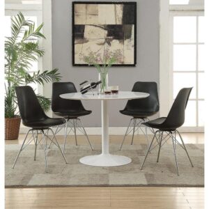Retro styling meets contemporary ambiance in this round dining table. It features a roomy round table top that's perfect for a night of Texas Hold 'em or morning coffee and doughnuts. Table is fashioned with a delightful tulip style table base. It features a powder-coated finish over metal for an enduring appeal. Add matching comfortable chairs (available separately) for a set that goes great in a casual kitchen dining area or home bar.