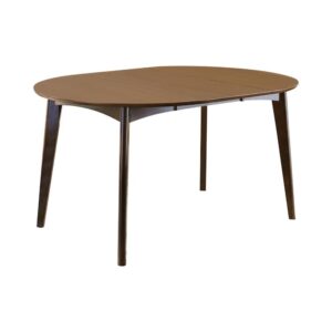 The Malone Collection includes this extendable modern dining table. Solid wood construction and angled legs allow for durability against daily use. Removable leaf extends for an oval shape that welcomes a close-knit gathering. Finished in dark walnut for a condo in the city or a log cabin in the mountains. Pull up a chair with cushioned seating and enjoy a home-cooked meal.